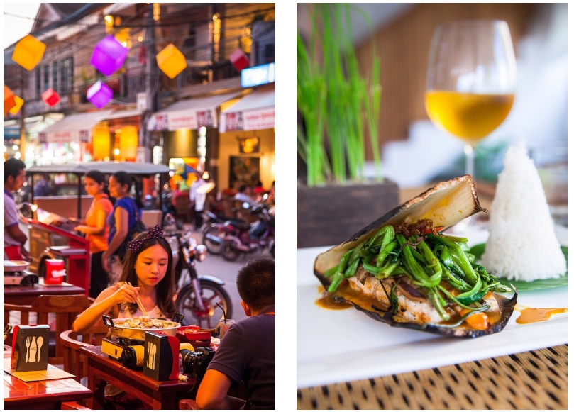 Phố quán rượu là nơi lý tưởng để nếm thử các món ăn truyền thống của Khmer, chẳng hạn như phi lê cá trên rau muống.