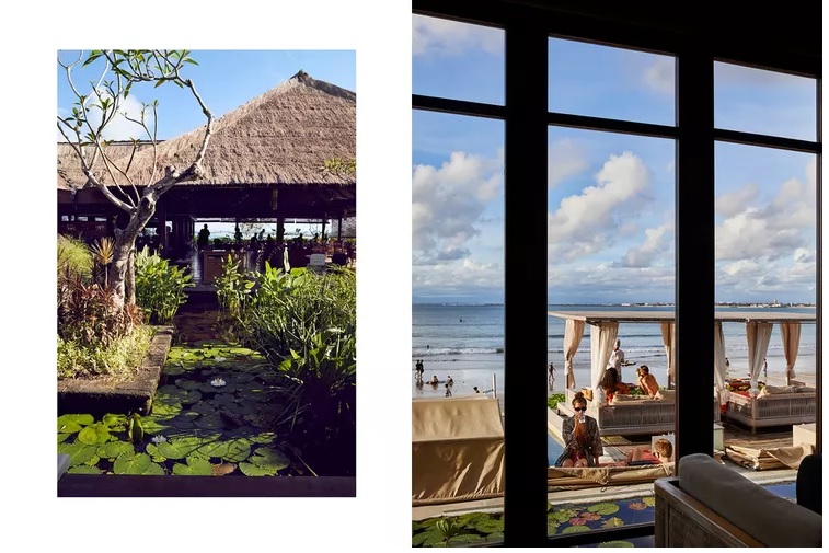 Từ trái sang là Giờ ăn sáng tại Taman Wantilan, theo phong cách nhà mái rơm truyền thống của Indonesia; Sundara tại Four Seasons, với những chiếc lều xếp dọc Bãi biển Jimbaran.