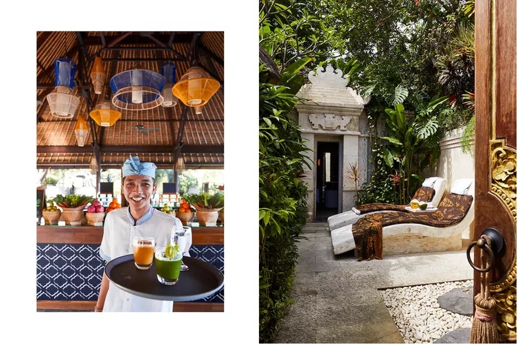 Từ trái sang là Nước trái cây tươi tại Taman Wantilan, một nhà hàng mới tại Four Seasons Resort Bali ở Vịnh Jimbaran; tìm đến Four Seasonsâ Healing Village Spa.