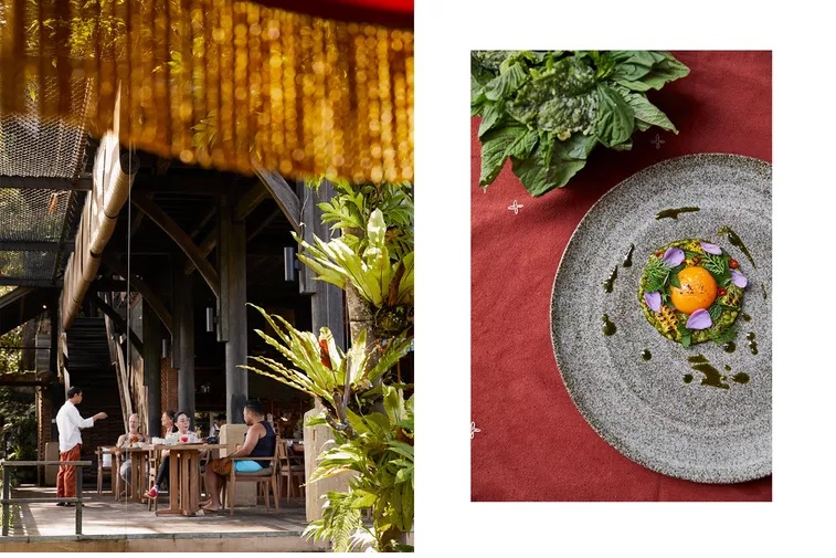 Từ trái sang: Đám đông ăn tối tại Buahanâs Open Kitchen; sốt pesto, ngô ngâm, trứng hầm và các loại thảo mộc hoang dã tại Open Kitchen