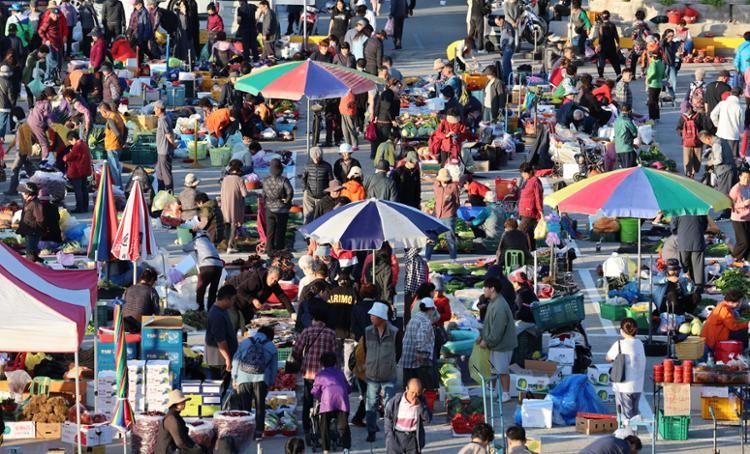 Các khu chợ địa phương bên bờ suối Namdae, Gangneung, tỉnh Gangwon, đông đúc người dân đến tham quan để chuẩn bị cho kỳ nghỉ lễ Chuseok vào Chủ nhật. Yonhap