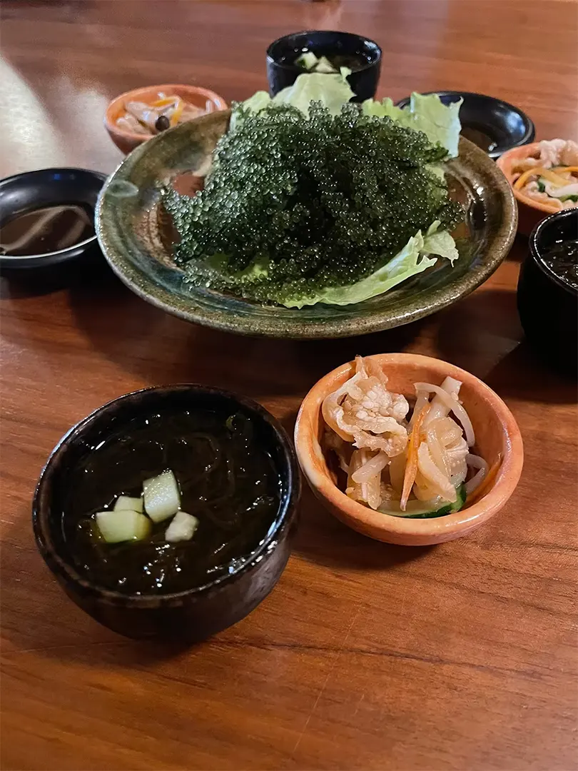 Các đặc sản của Okinawa bao gồm umibudo hay nho biển, mimigar hay tai lợn và mozuku-su làm từ rong biển mozuku trộn với nước sốt giấm.