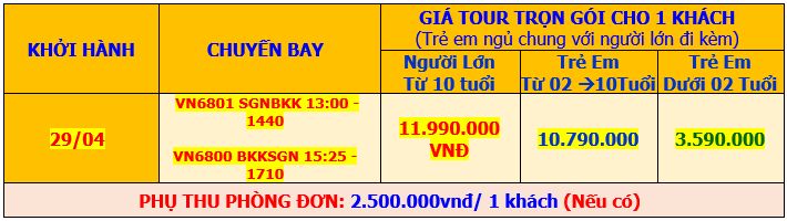 BẢNG GIÁ TOUR LỄ 30-04. Bảng giá Tour Thái Lan 5 Ngày 4 Đêm Bangkok-Pattaya (META Travel)