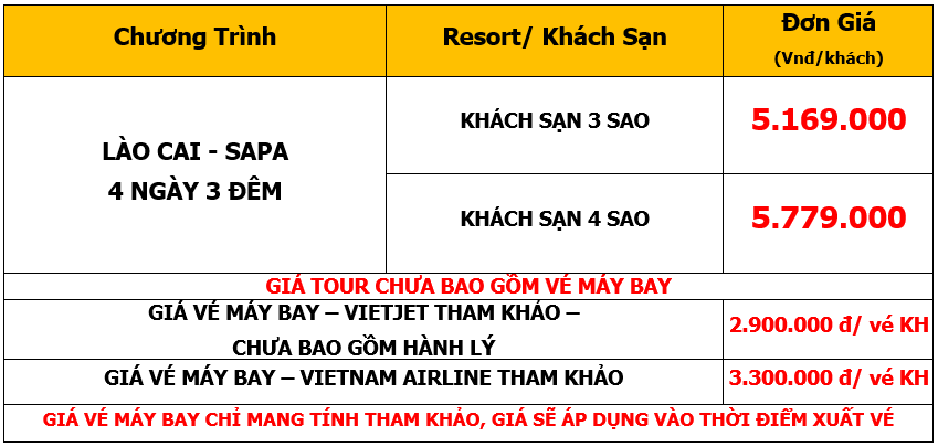 Bảng giá Tour Lào Cai - SAPA 4 Ngày 3 Đêm