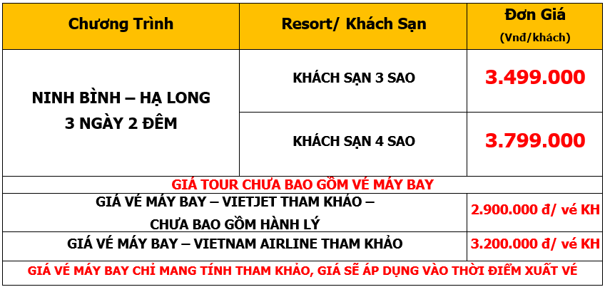Bảng giá Tour Ninh Bình - Hạ Long 3 Ngày 2 Đêm