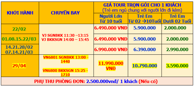 Bảng giá Tour Thái Lan 5 Ngày 4 Đêm Bangkok-Pattaya (META Travel)