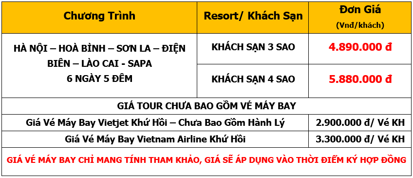 Bảng giá Tour Hà Nội-Hoà Bình-Sơn La-Điện Biên-Lào Cai-Sapa 6 Ngày 5 Đêm