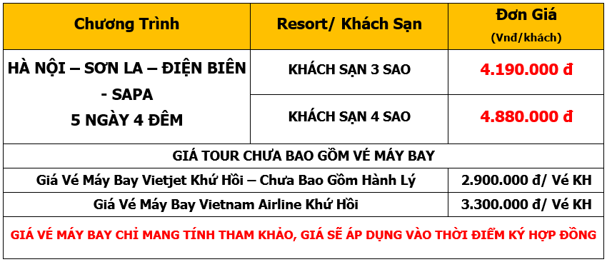 Bảng giá Tour Hà Nội - Sơn La - Điện Biên - Sapa 5 Ngày 4 Đêm
