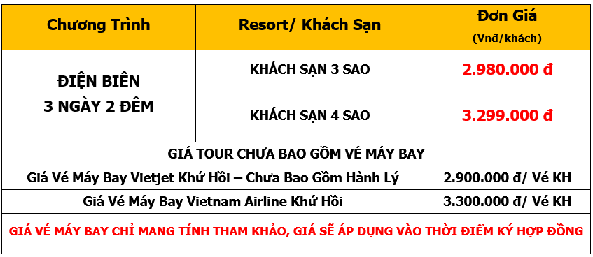 Bảng giá Tour du lịch Điện Biên 3 Ngày 2 Đêm