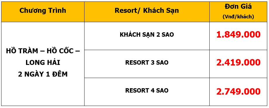 Bảng giá Tour du lịch Team Building tại Hồ Tràm – Hồ Cốc – Long Hải