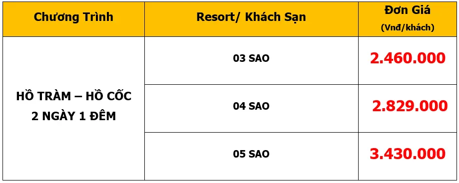 Bảng giá Tour du lịch Team Building tại Hồ Tràm – Hồ Cốc