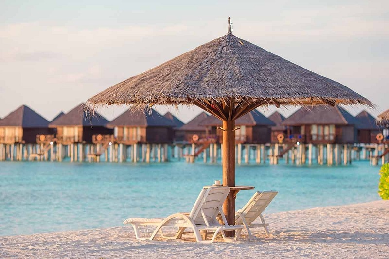 Một chiếc ghế dài bên dưới một chiếc ô lợp tranh chính là thứ mà các bãi biển của Maldives sẽ mang lại.