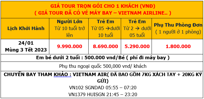 Bảng giá Tour Đà Nẵng – Hội An – Huế 4 ngày 3 đêm dịp Tết 2023