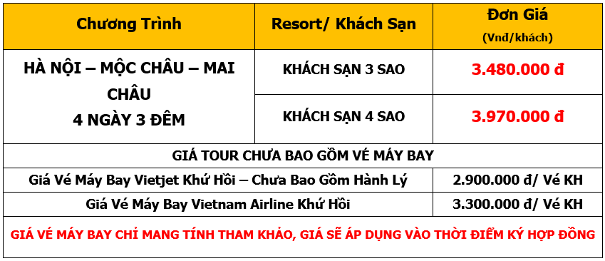 Bảng giá Tour Hà Nội - Mộc Châu - Mai Châu 4 Ngày 3 Đêm
