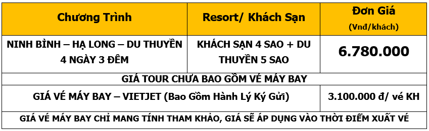 Bảng giá Tour Ninh Bình - Hạ Long - Du Thuyền 4 Ngày 3 Đêm