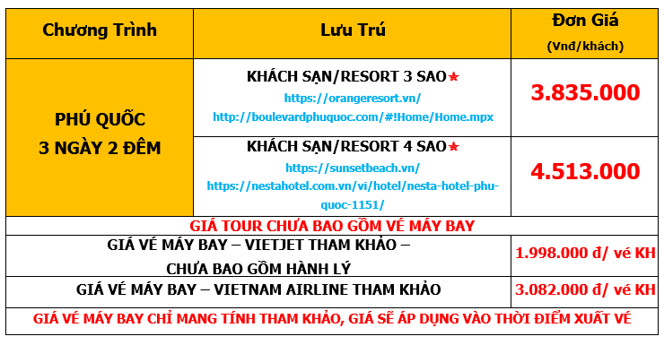Bảng giá Tour Phú Quốc 3 Ngày 2 Đêm Grand World-SunWorld