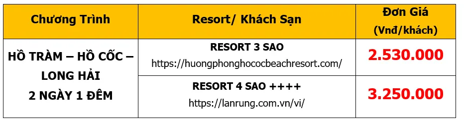 Bảng giá Tour du lịch MICE-kết hợp Hội nghị-Hội thảo khách hàng tại HỒ TRÀM – HỒ CỐC – LONG HẢI 2 ngày 1 đêm