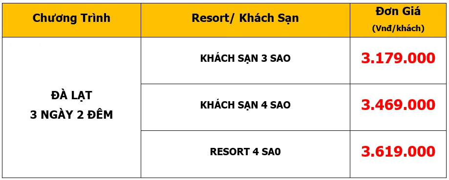 Bảng giá Tour du lịch Team Building tại Đà Lạt 3 Ngày 2 Đêm
