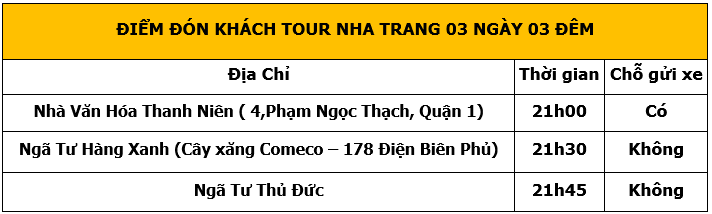 Địa điểm đón trả khách đi Tour Nha Trang 3 Ngày 3 Đêm Vịnh San Hô (TOUR LỄ 30-04)