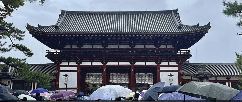 Học sinh chen chúc nhau để vào Đại Phật điện ở chùa Todaiji của Nara vào một ngày mưa