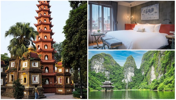Từ trái sang phải là Chùa Trấn Quốc ở Hà Nội, Việt Nam, Suite tại Khách sạn Bespoke Trendy, Quang cảnh Tràng An, Ninh Bình