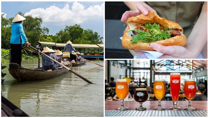 Từ trái sang phải là Những con thuyền dọc đồng bằng sông Cửu Long, Bánh mì tại Bánh mì 37 Nguyễn Trãi, Bia chọn lọc tại East West Brewing Co.,