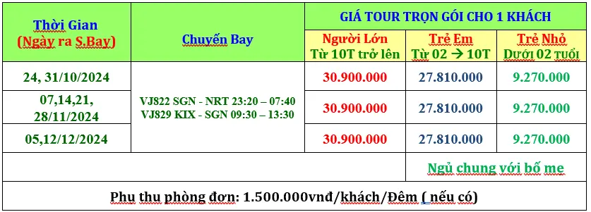 Tour Du lịch Nhật Bản 6 Ngày 5 Đêm: NHẬT BẢN MÙA LÁ ĐỎ 