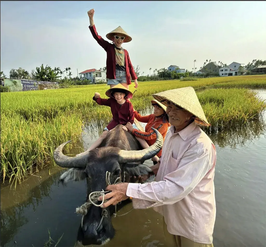 Du khách nước ngoài thích thú với tour cưỡi trâu ở Thanh Tây (Hội An, TP.Đà Nẵng)