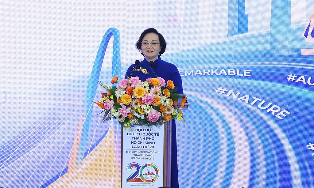 Phó Thủ tướng Phạm Thị Thanh Trà tại Diễn đàn Du lịch cấp cao Hội chợ Du lịch Quốc tế TP HCM ngày 27/8. Ảnh: BTC